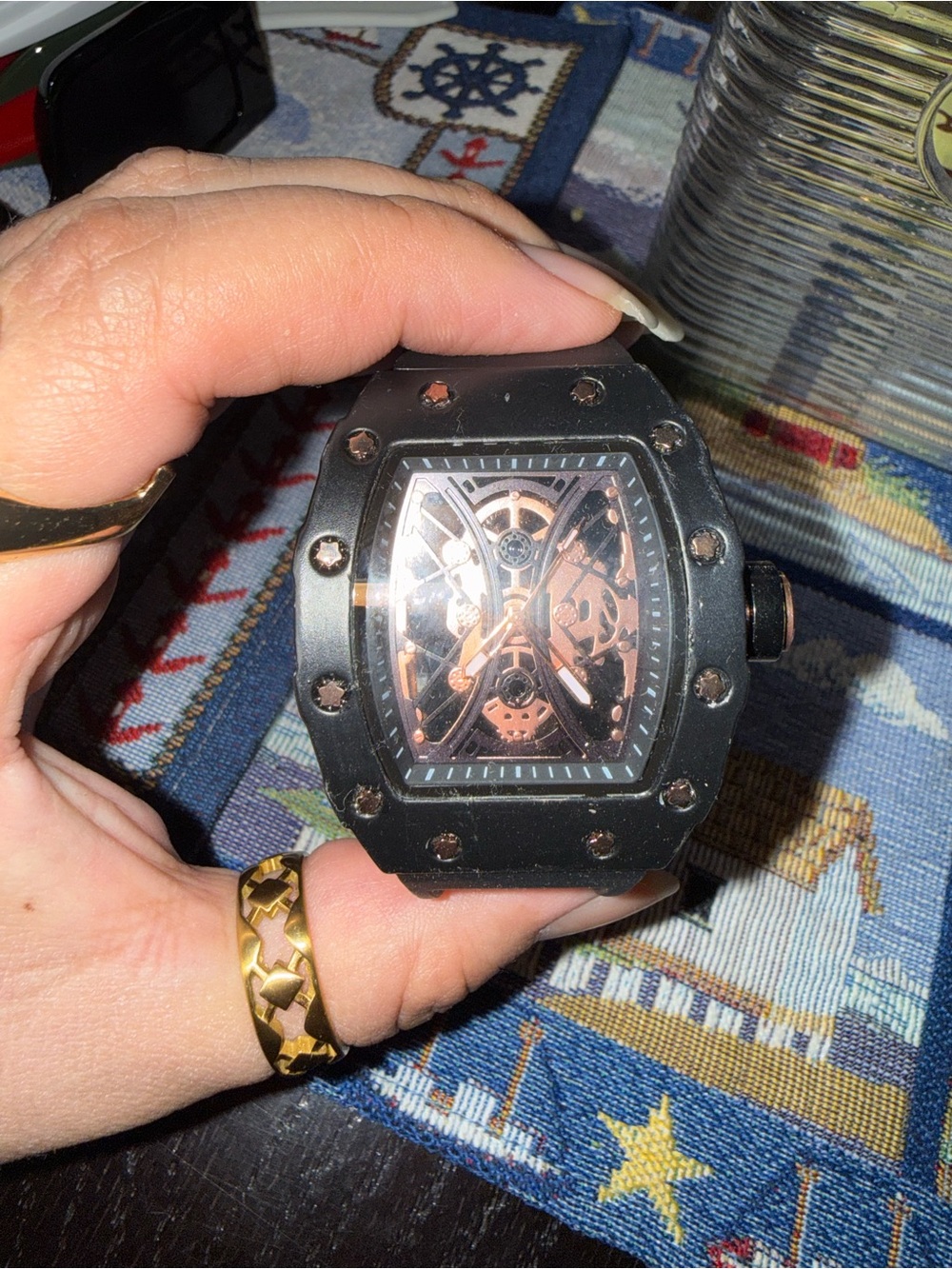 Men's Black and Rose Gold Skeleton Dial Sport Watch